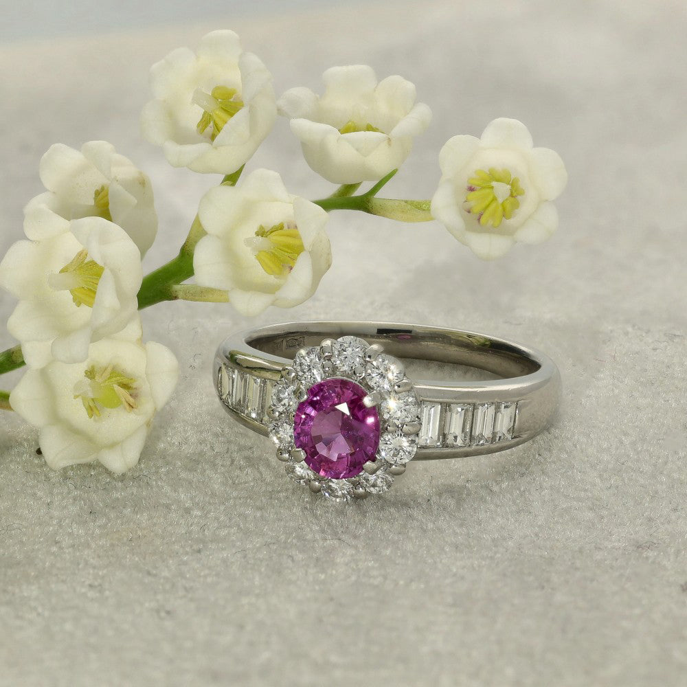 Platinum Pink Sapphire and Diamond Halo Ring with Baguette Shoulders