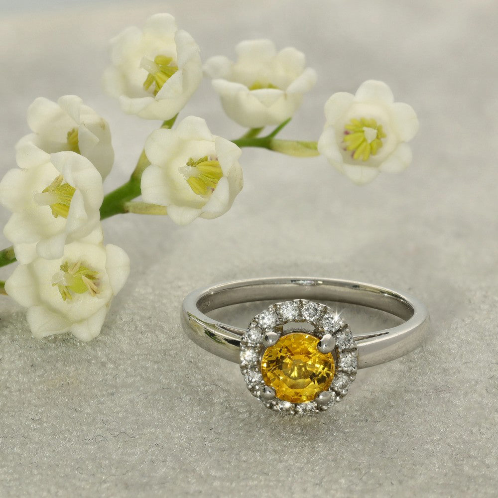 Platinum Yellow Sapphire & Diamond Halo Ring