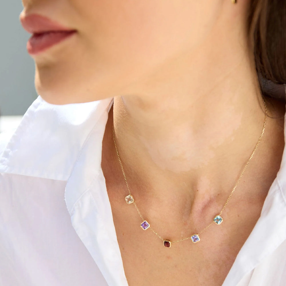 9ct Yellow Gold Square Step Cut Colourful Multi Gemstone Necklace 16"