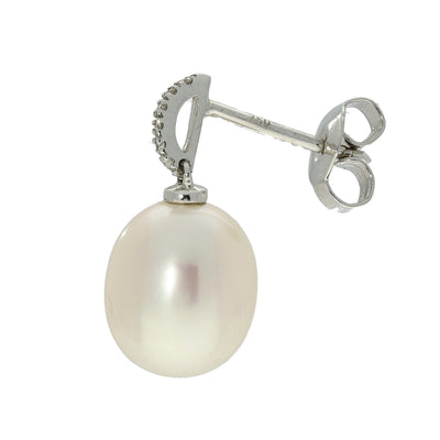 18ct White Gold 10mm Freshwater Pearl & Diamond Drop Earrings