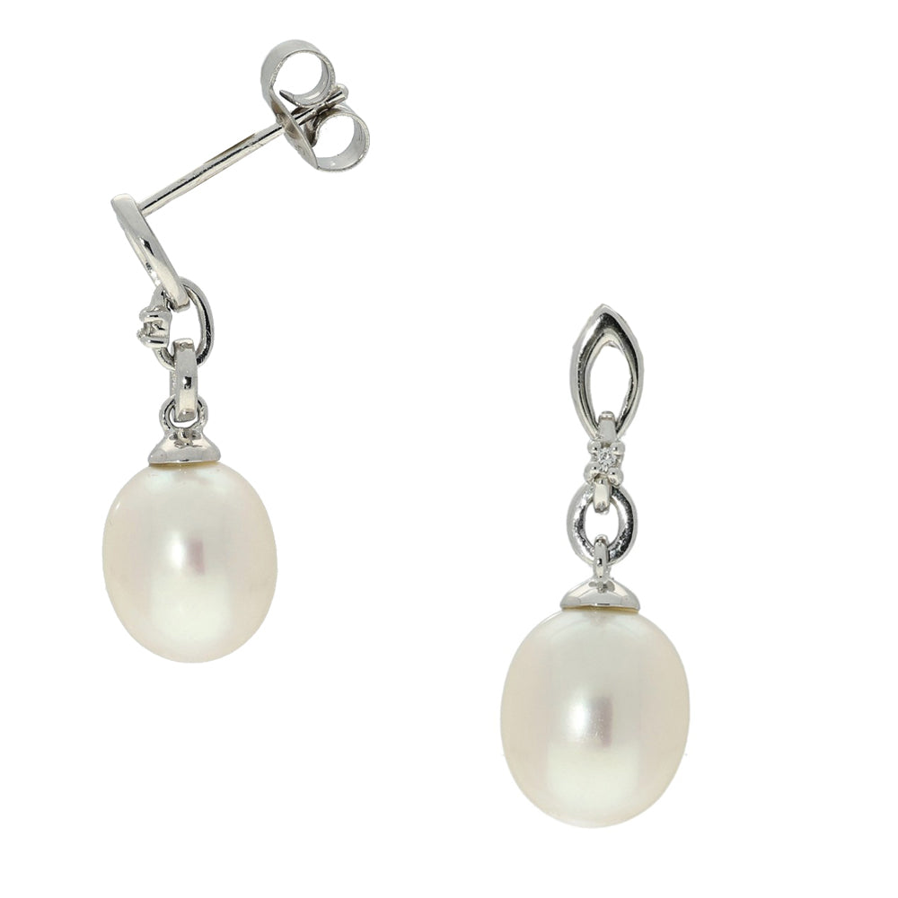 9ct White Gold Freshwater Pearl and Diamond Drop Earrings