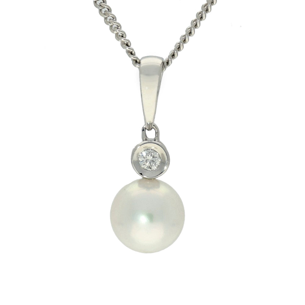Akoya Pearl & Bezel Set Diamond 18ct White Gold Pendant