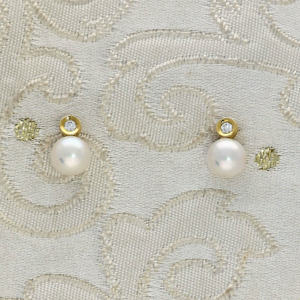 Akoya Pearl & Bezel Set Diamond 18ct Yellow Gold Earrings