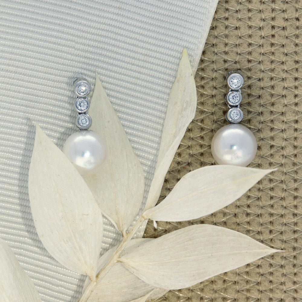 Akoya Pearl & Trilogy Diamond 18ct White Gold Earrings