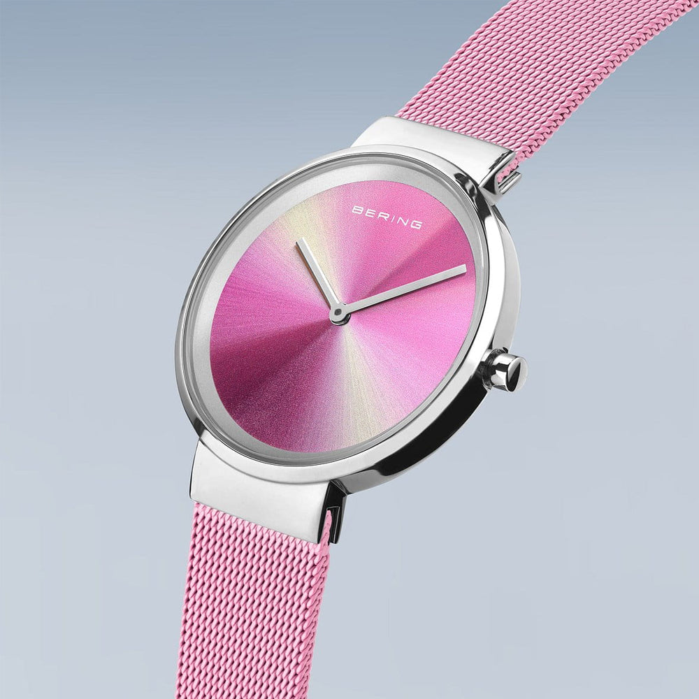 Ladies Bering Classic Pink Aurora Polished Silver Quartz Bracelet Watch, 19031-999