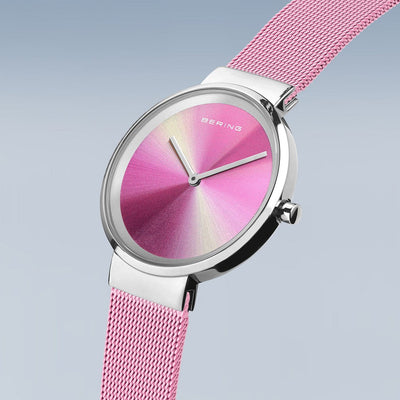 Ladies Bering Classic Pink Aurora Polished Silver Quartz Bracelet Watch, 19031-999