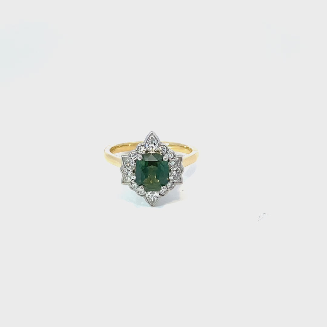 18ct Yellow Gold Green Sapphire & Diamond Ring