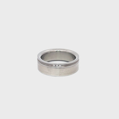 7mm Stainless Steel & Silver Incised Line Diamond Ring - Size N