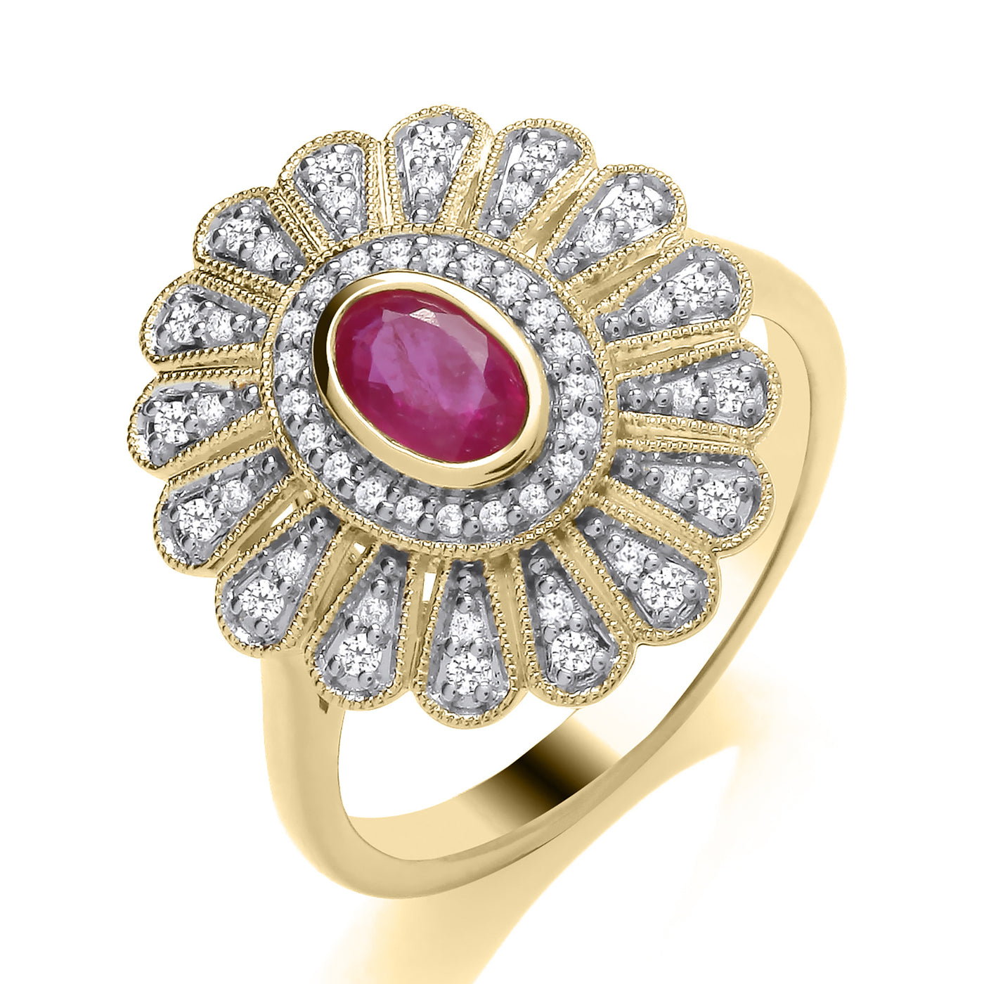 18ct Yellow Gold Ruby & Diamond Sunburst Halo Ring