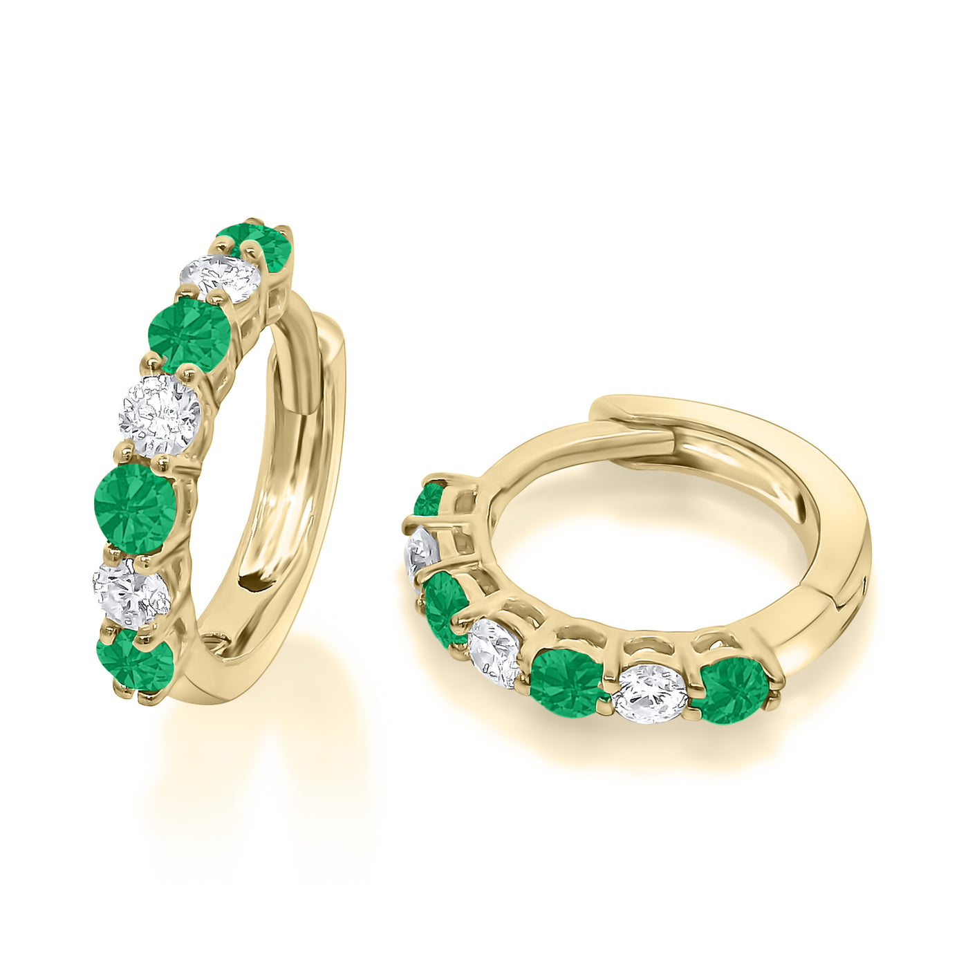 18ct Yellow Gold Emerald & Diamond Small Hoop Huggie Earrings