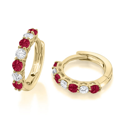 18ct Yellow Gold Ruby & Diamond Small Hoop Huggie Earrings