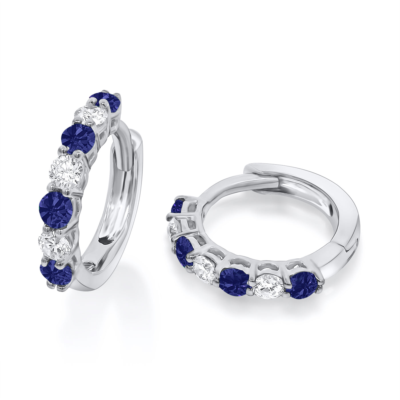 18ct White Gold Sapphire & Diamond Small Hoop Huggie Earrings