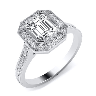 Platinum Emerald Cut Diamond Halo Ring with Diamond Shoulders