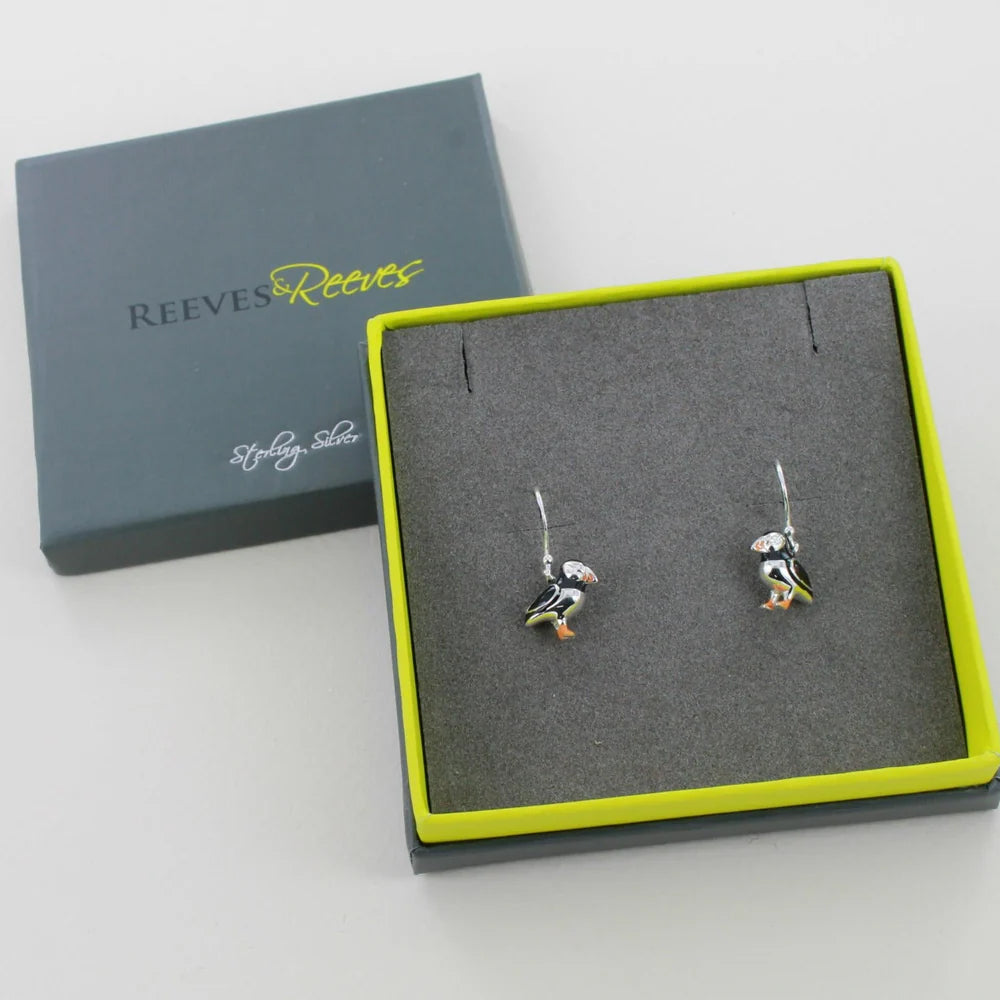 Reeves & Reeves Silver and Enamel Puffin Drop Earrings BB174