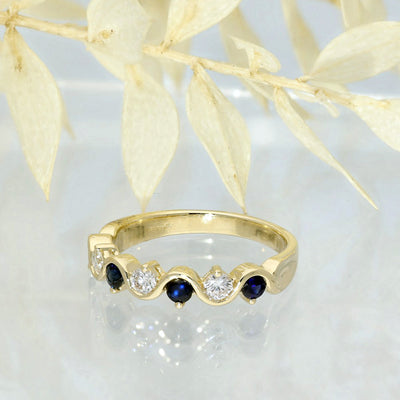 9ct Yellow Gold Sapphire and Diamond Half Eternity Wave Ring