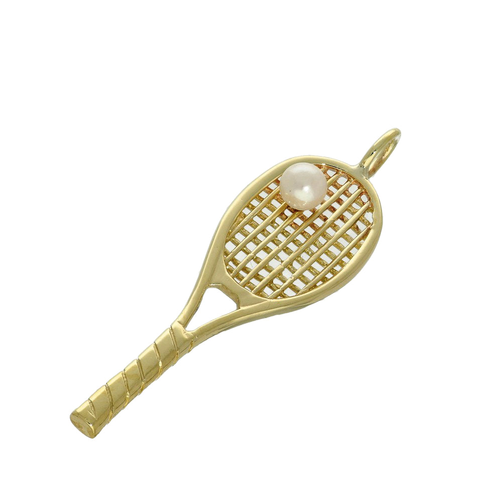 9ct Yellow Gold Tennis Racket with Pearl Ball Pendant