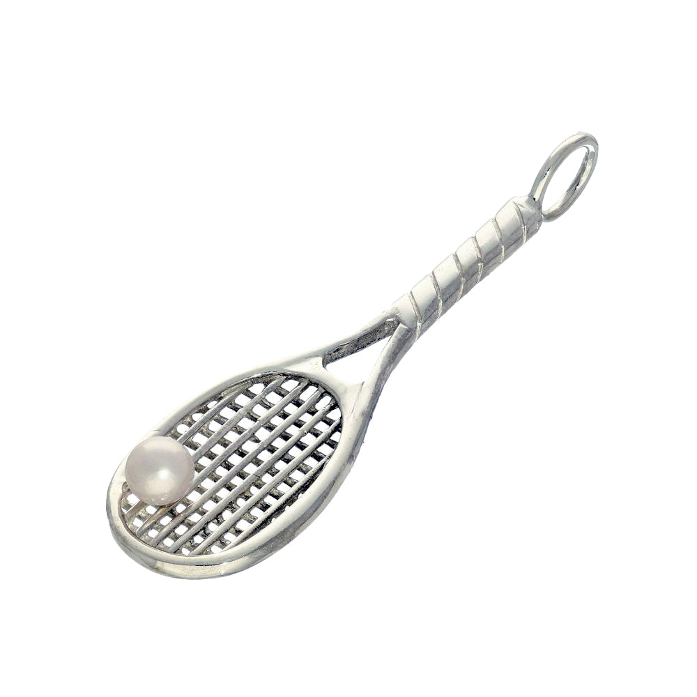 Sterling Silver Tennis Racket with Pearl Ball Pendant