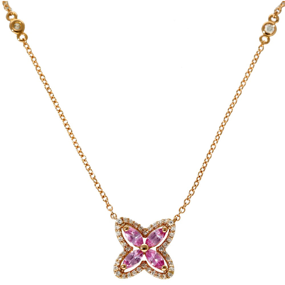 18ct Rose Gold Pink Sapphire and Diamond Marquise Flower Necklace