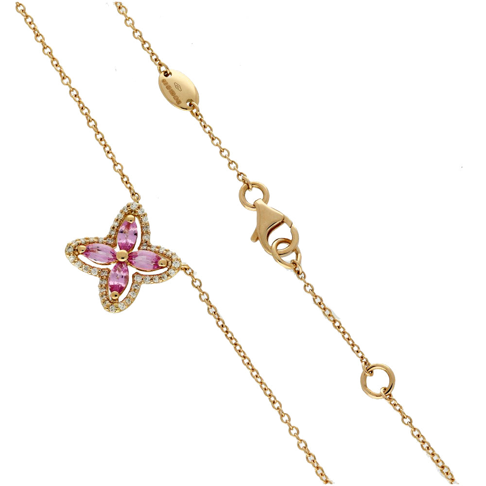 18ct Rose Gold Pink Sapphire and Diamond Marquise Flower Necklace