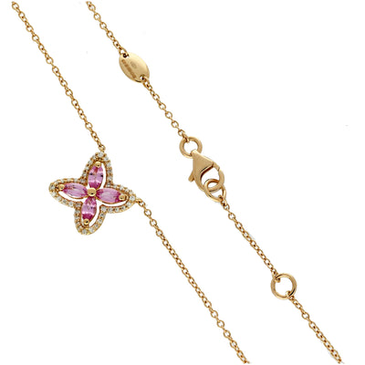 18ct Rose Gold Pink Sapphire and Diamond Marquise Flower Necklace