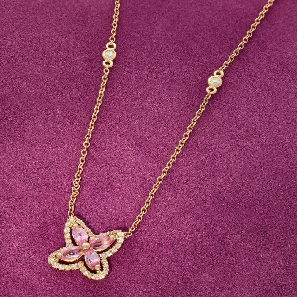 18ct Rose Gold Pink Sapphire and Diamond Marquise Flower Necklace