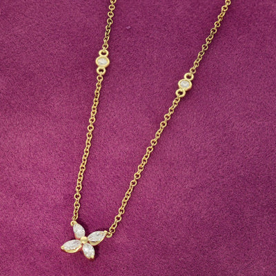 18ct Yellow Gold Diamond Marquise Flower Butterfly Necklace