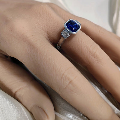 Platinum 2ct Sapphire & Diamond Bezel Set Trilogy Ring