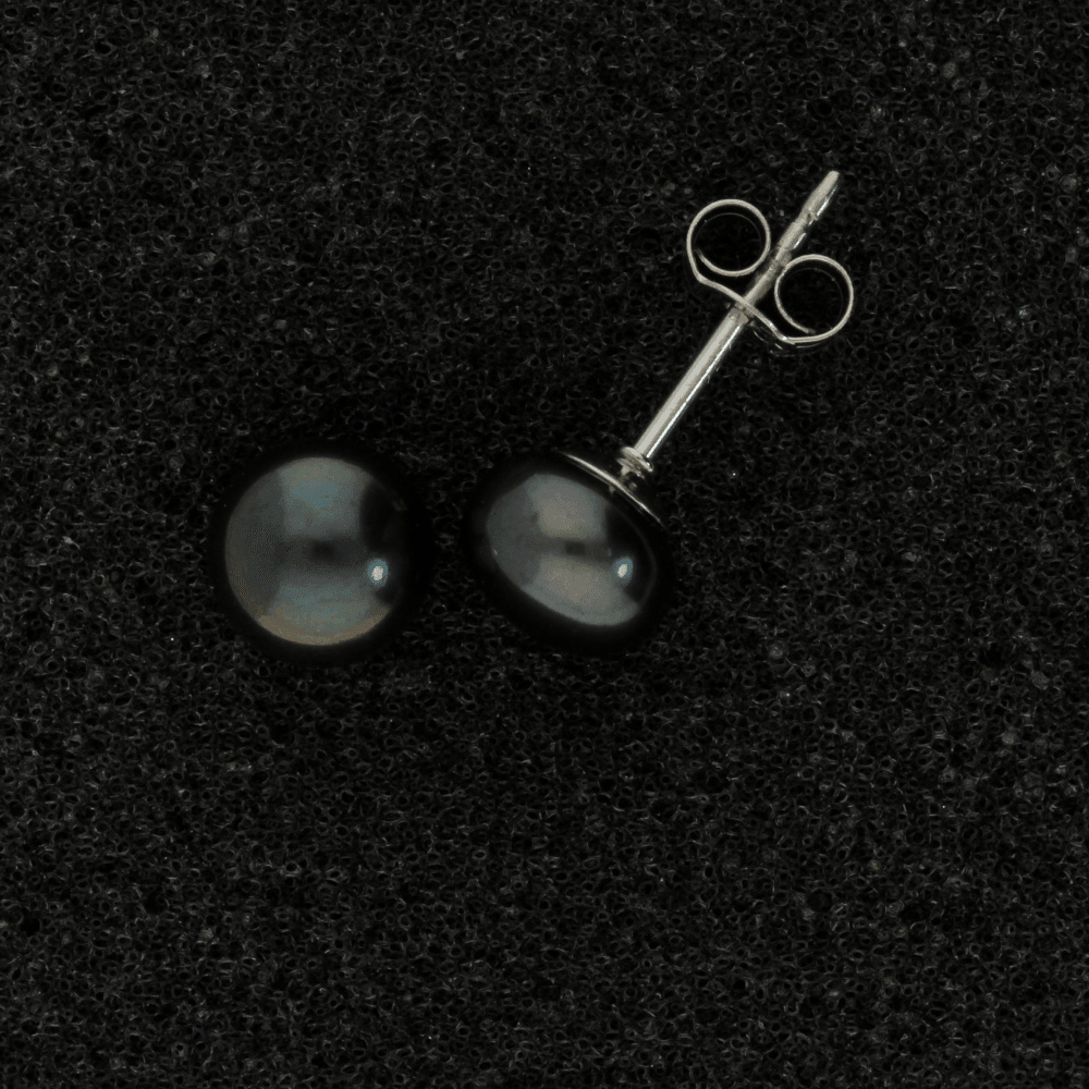 18ct White Gold 7-7.5mm Black Fresh Water Pearl Earrings - GoldArts