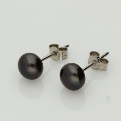 18ct White Gold 7-7.5mm Black Fresh Water Pearl Earrings - GoldArts