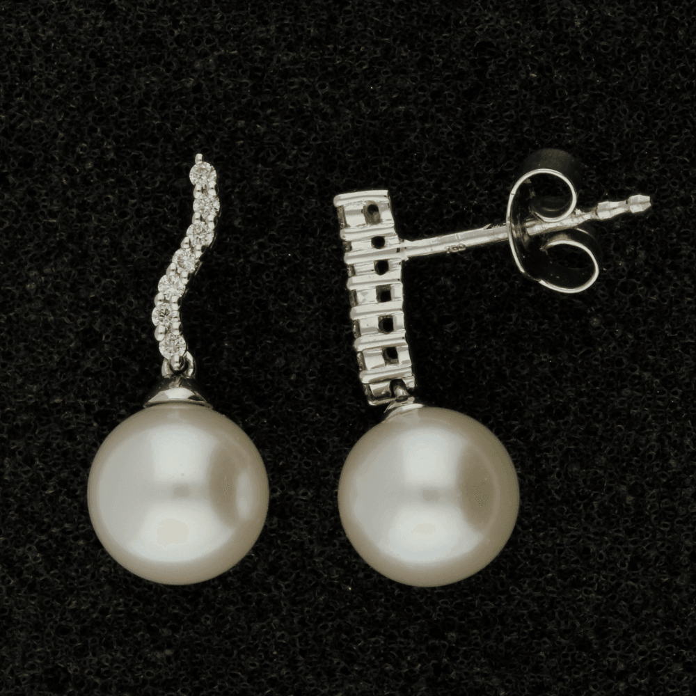 18ct White Gold 8-8.5mm Fresh Water Pearl & Diamond Earrings - GoldArts