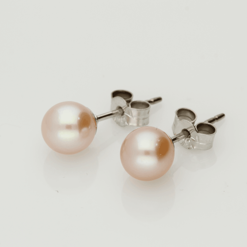 18ct White Gold 6.5-7mm Pink Fresh Water Pearl Earrings - GoldArts