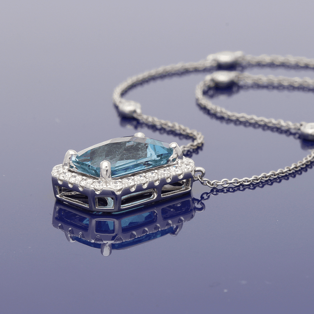 18ct White Gold Rectangular Cut Aquamarine and Diamond Necklace - GoldArts