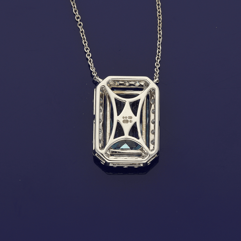18ct White Gold Rectangular Cut Aquamarine and Diamond Necklace - GoldArts