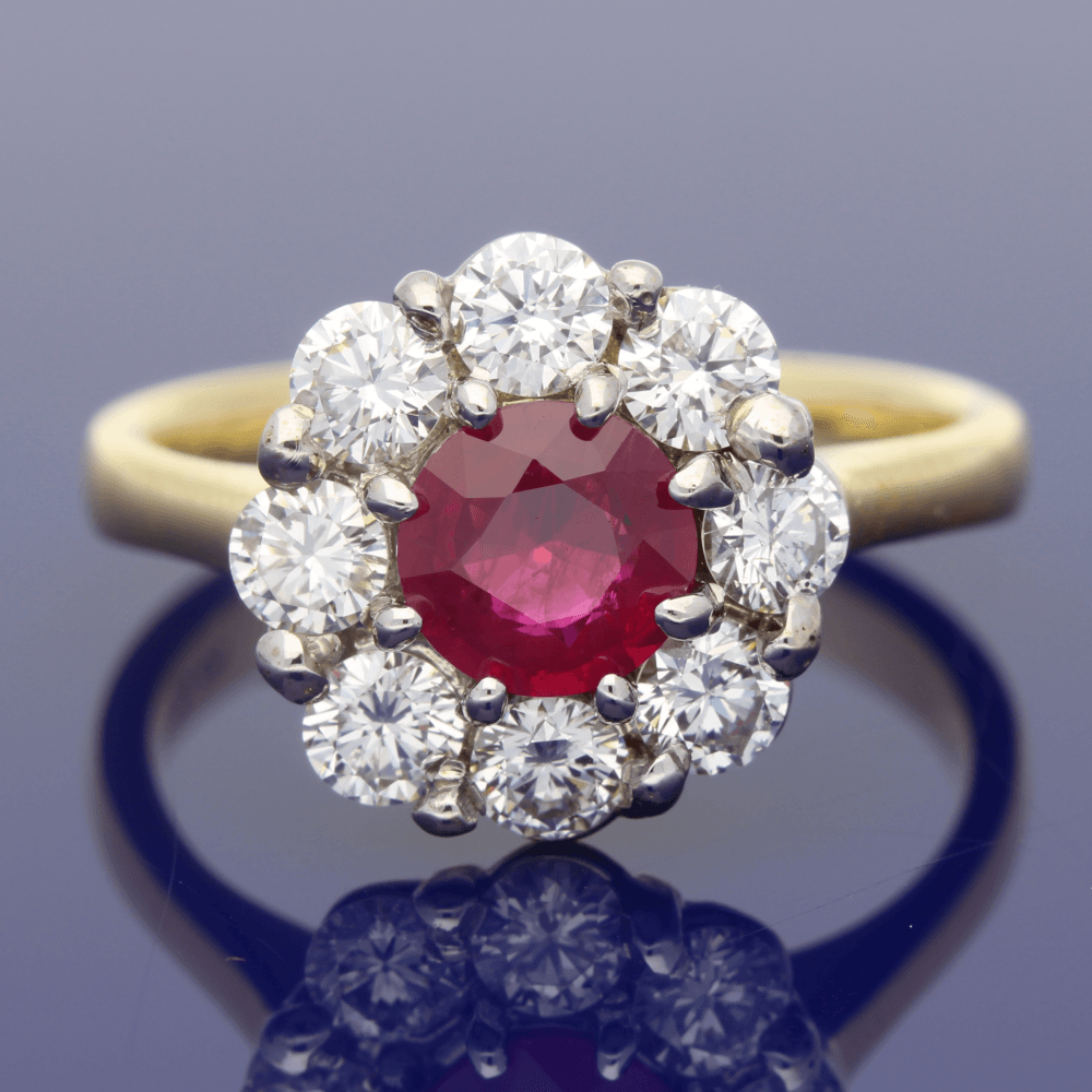 18ct Yellow Gold Ruby & Diamond Daisy Cluster Ring