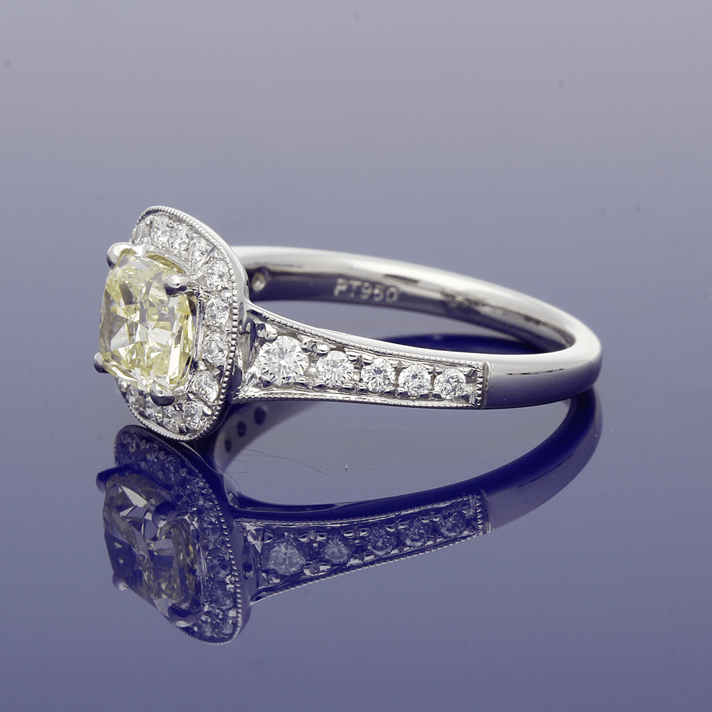Platinum Natural Yellow & White Diamond Halo Cluster Ring