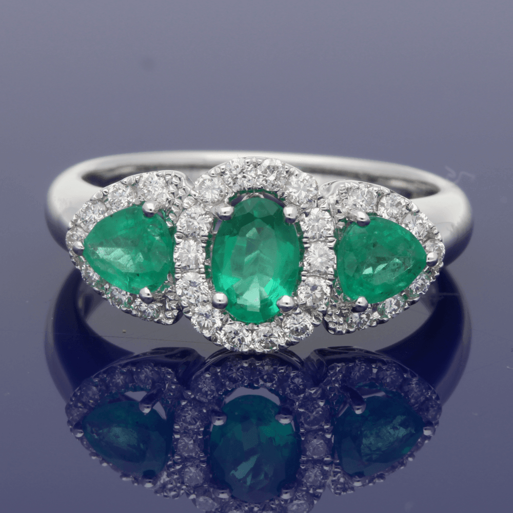 18ct White Gold Emerald & Diamond Trilogy Cluster Ring - GoldArts