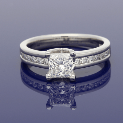 Platinum 0.91ct Certificated Princess Cut Solitaire Ring with Diamond Set Shoulders