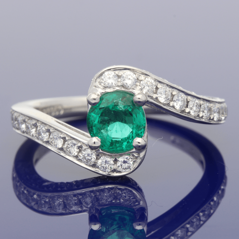 Platinum Emerald & Diamond Cross-Over Dress Ring