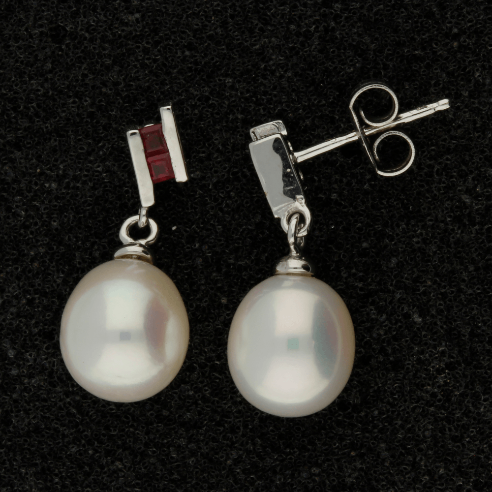 9ct White Gold Fresh Water Pearl & Ruby Drop Earrings