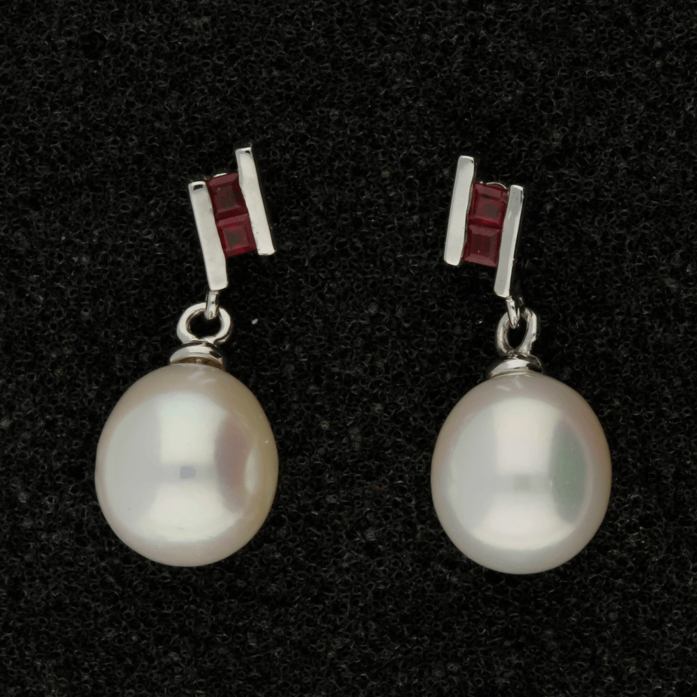 9ct White Gold Fresh Water Pearl & Ruby Drop Earrings