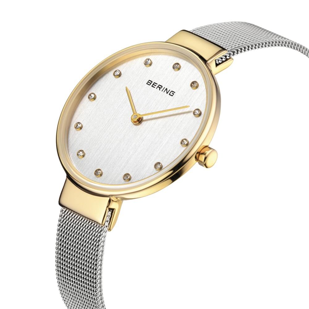 Ladies Bering Classic 34mm 2 Tone Stainless Steel Quartz Milanese Bracelet Watch, 12034-010