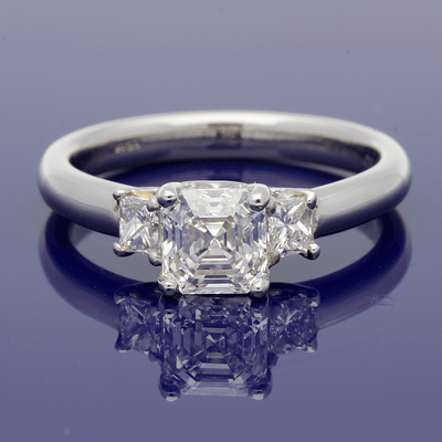 Platinum Certificated 1.04ct Asscher Cut & 0.31ct Princess Cut Diamond Trilogy Ring