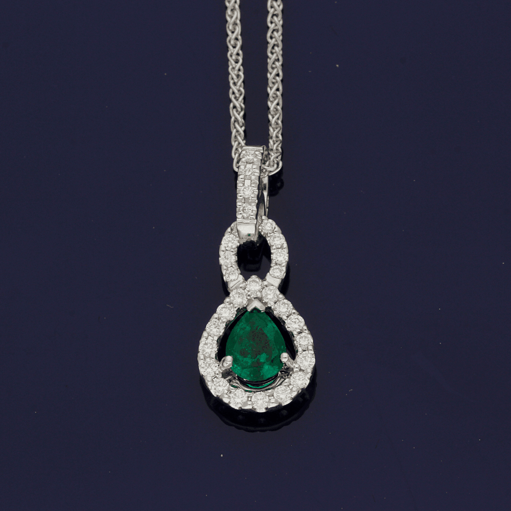 18ct White Gold Pear Cut Emerald & Diamond Necklace - GoldArts