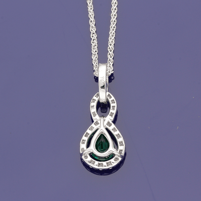 18ct White Gold Pear Cut Emerald & Diamond Necklace - GoldArts