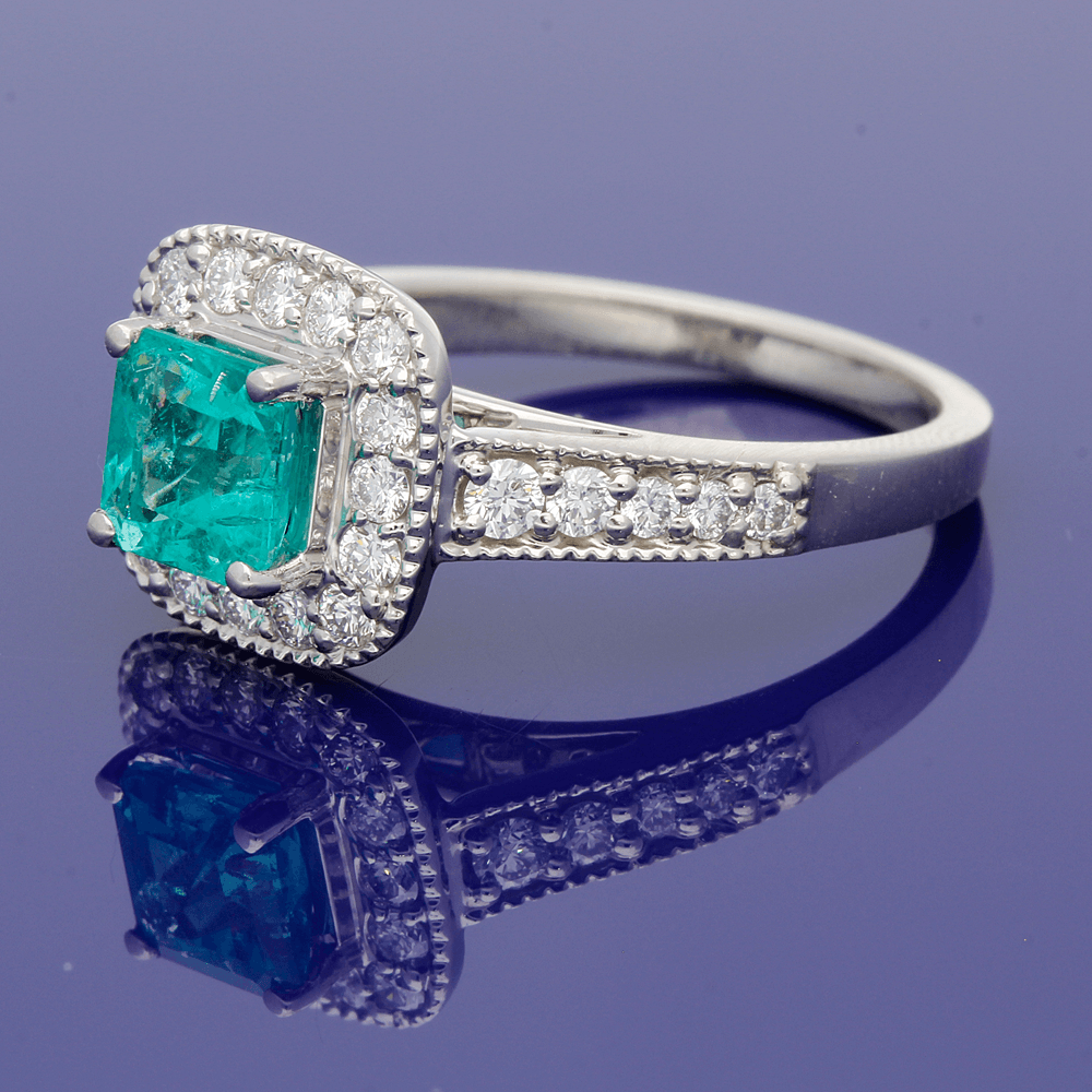 Platinum Emerald & Diamond Halo Cluster Ring