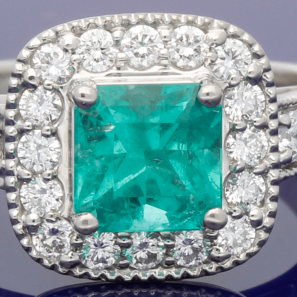 Platinum Emerald & Diamond Halo Cluster Ring