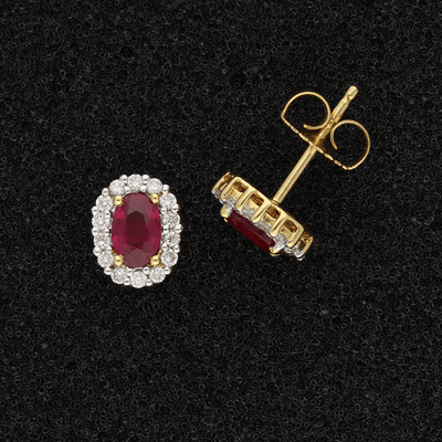 18ct Yellow Gold Oval Ruby & Diamond Cluster Earrings