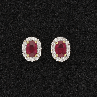 18ct Yellow Gold Oval Ruby & Diamond Cluster Earrings