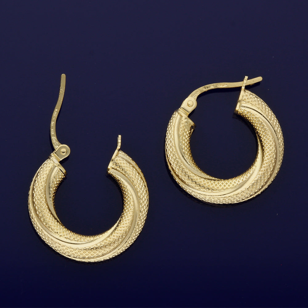 18ct Yellow Gold 10mm Textured Twist Pattern Hoop Earrings