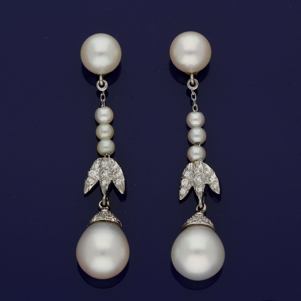 Vintage Cultured Pearl & Diamond 18ct White Gold Drop Earrings